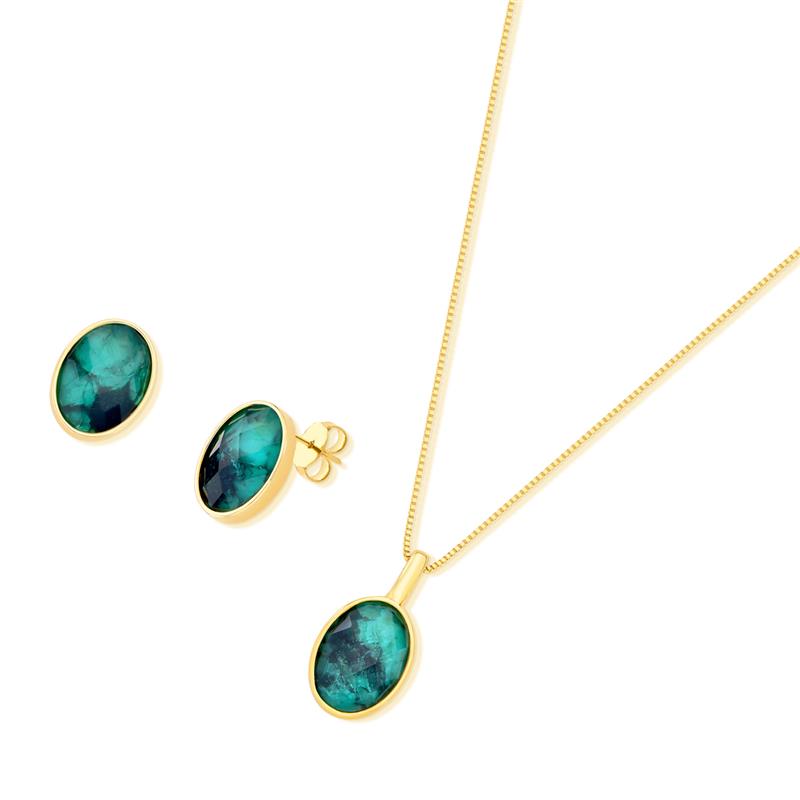 Conjunto de colar e brincos folheado a ouro com esmeralda oval