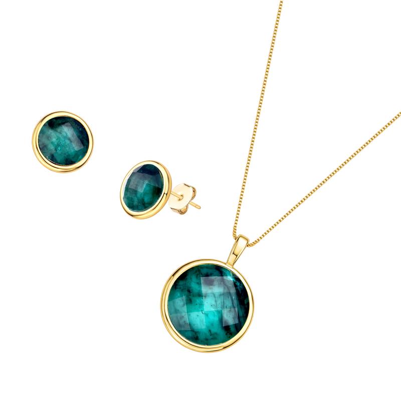 Conjunto de colar e brincos folheado a ouro com esmeralda