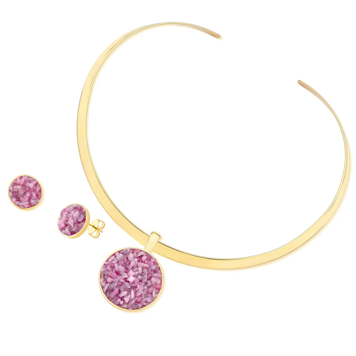 Conjunto de gargantilha e brincos folheado a ouro com ametista clara